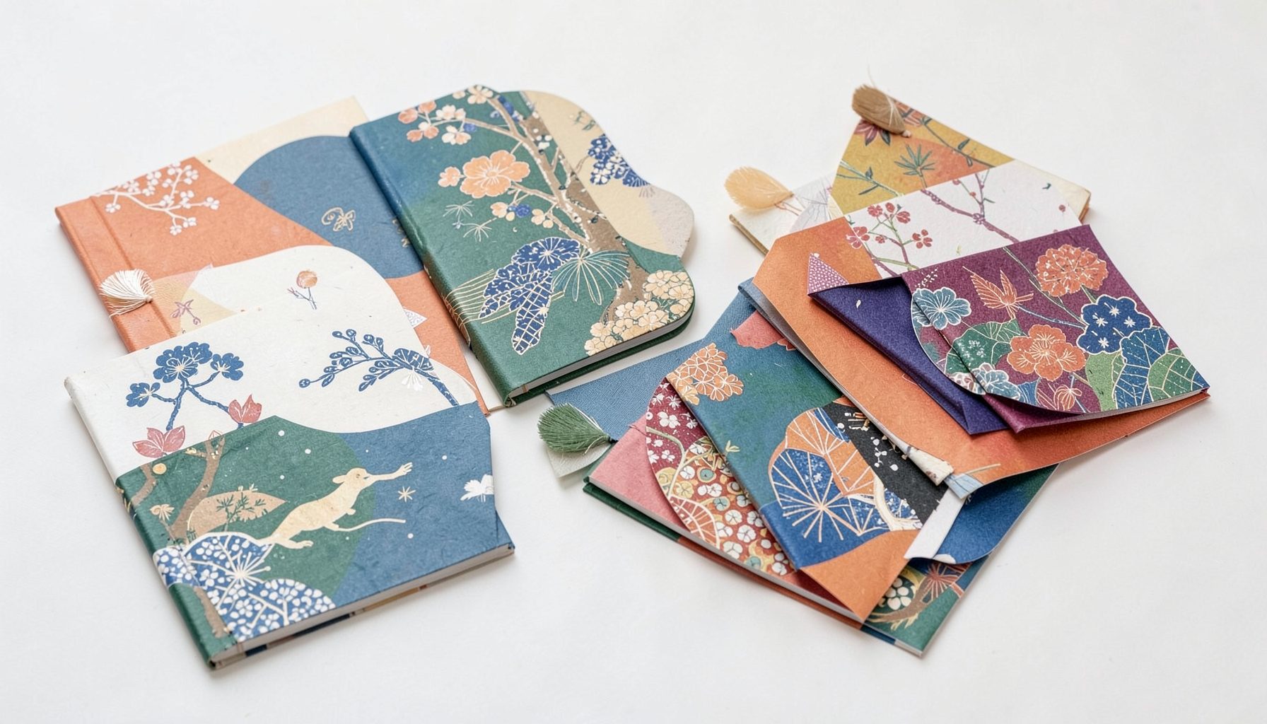 Objets de papeterie recouverts de papier washi : carnets, boîtes et marque-pages aux motifs japonais traditionnels, tons naturels et chaleureux