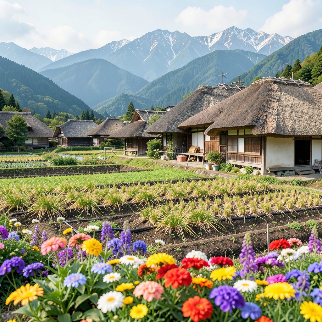 Paysage de montagne avec maisons au toit de chaume, récoltes sur séchoirs et fleurs colorées au premier plan, ambiance rurale japonaise