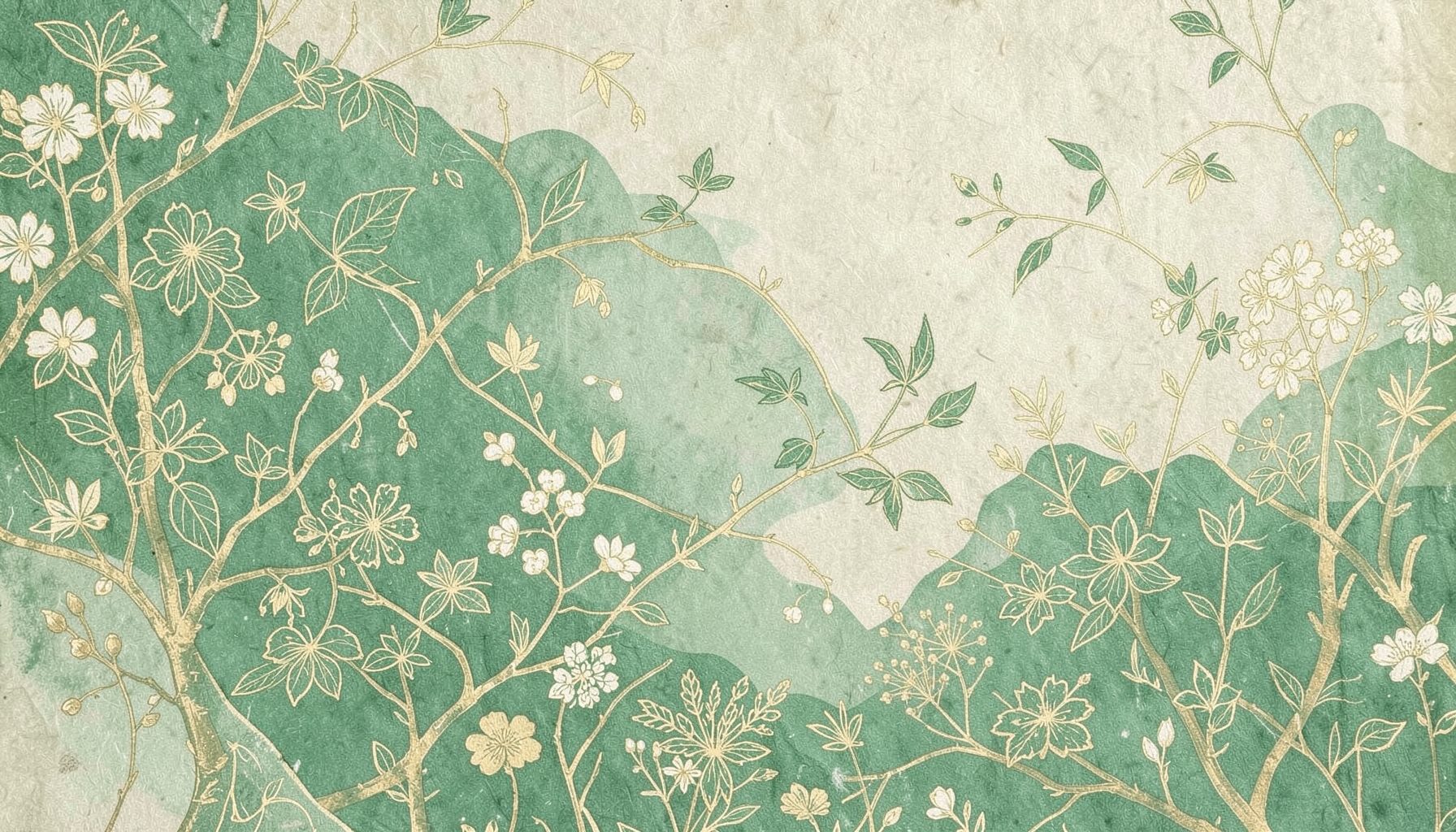 Illustration délicate aux motifs floraux japonais sur fond de papier washi, tons verts et or