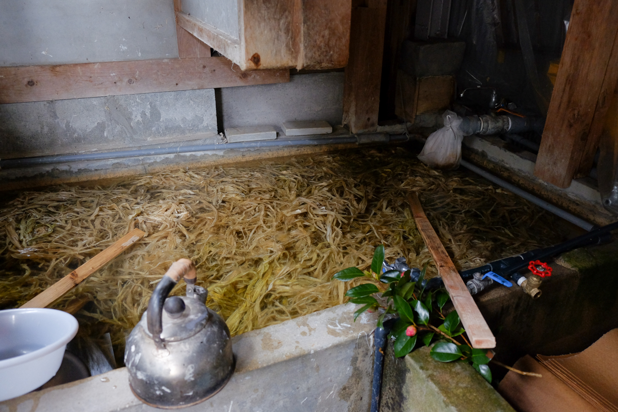 Gros plan sur des fibres végétales trempées dans un bassin en pierre avec une bouilloire métallique, tons terreux