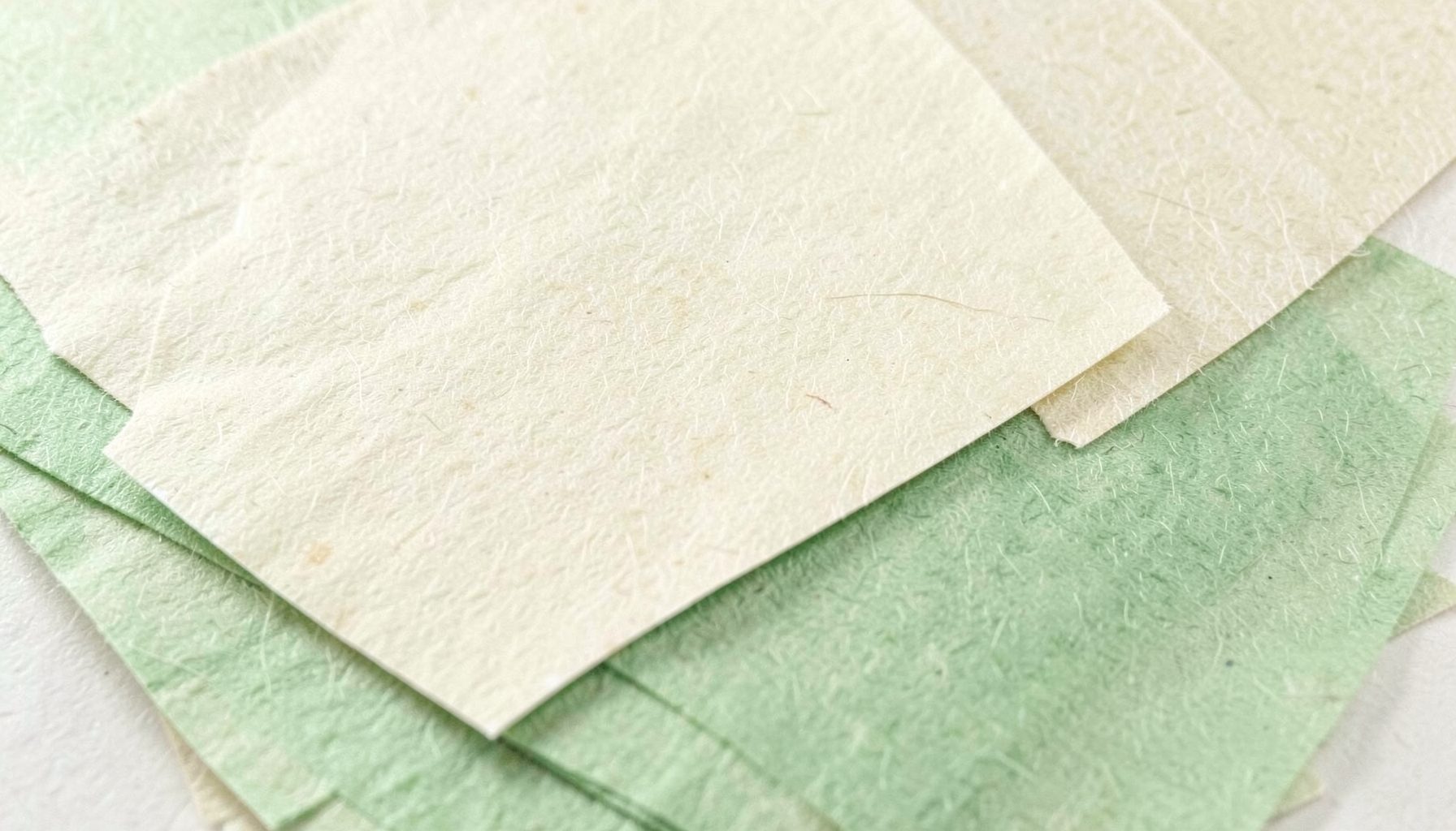 Feuilles de papier washi superposées aux teintes crème et vert pâle, fibres végétales visibles en transparence, lumière douce